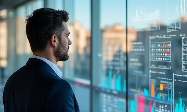 Professionista che analizza dashboard AI in ufficio moderno a Roma